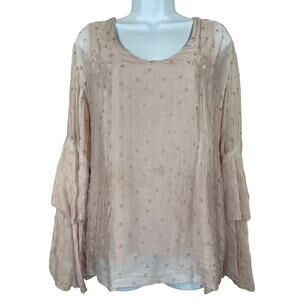 Belle France Pink Star Bell Sleeve Chiffon Silk Top Women's Large Celestial Boho